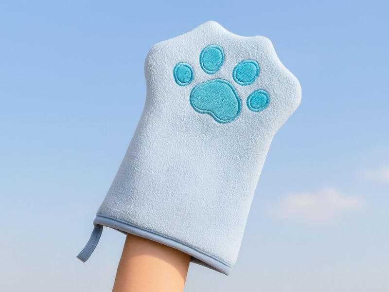 Light blue soft microfibre drying mitt with embroidered paw print, waterproof and non-slip for drying cats gently and quickly.